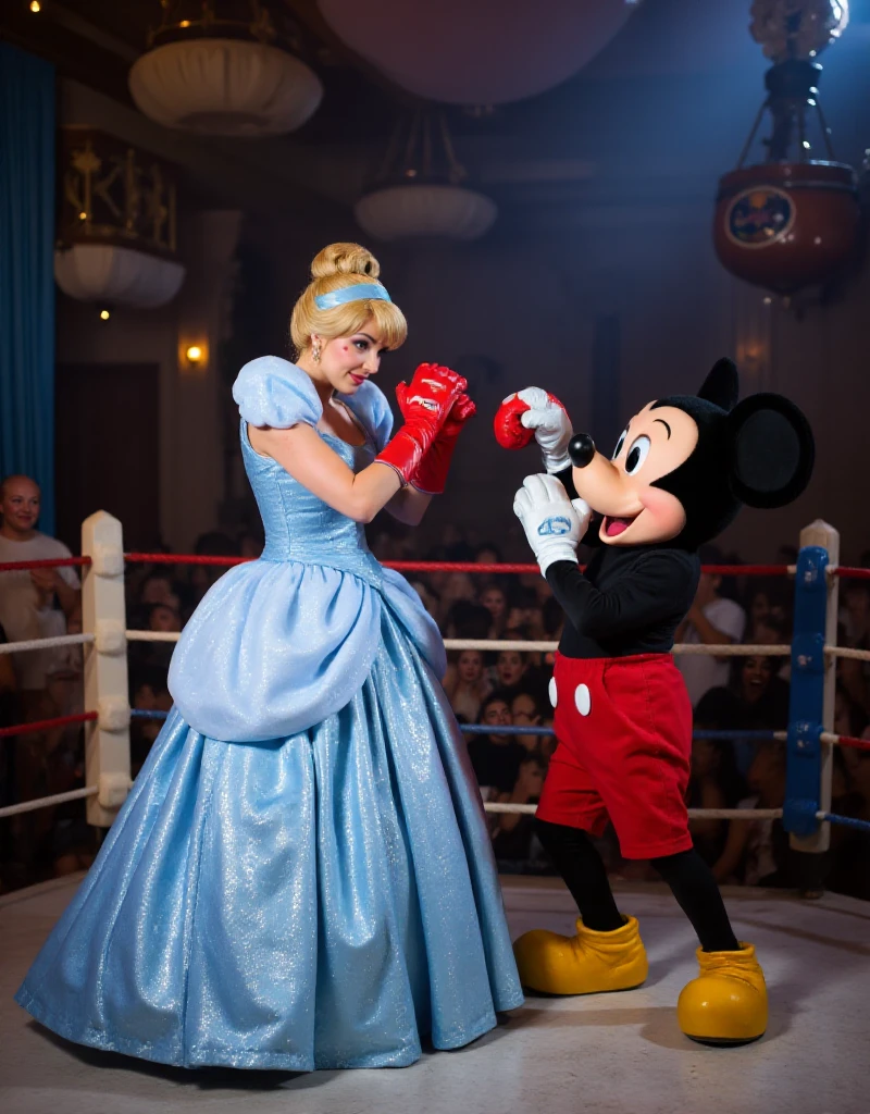 Cinderella has bruses and is wearing boxing gloves on a boxing ring. She is punching a mickey mouse mascot <lora:Cinderella:0.9>