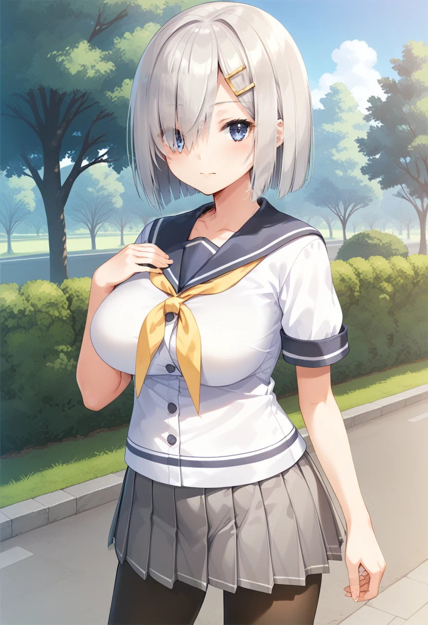 standing, cowboy shot, park,  <lora:KC_01DD_hamakaze_pony-000032:1> hamakazekc, grey hair, hairpin, short hair, bangs, hair over one eye, blue eyes, large breasts,           hamakazedefkc, serafuku, white shirt, blue sailor collar, yellow neckerchief, short sleeves, buttons,  grey skirt,  pleated skirt, miniskirt, brown pantyhose,, score_9,score_8_up, score_7_up, source_anime, masterpiece, best quality,  official art, official style, game cg, megami magazine, rating_safe, rating_questionable, NEGATIVE_HANDS,  <lora:DetailedPerfect_hands_r1:1>