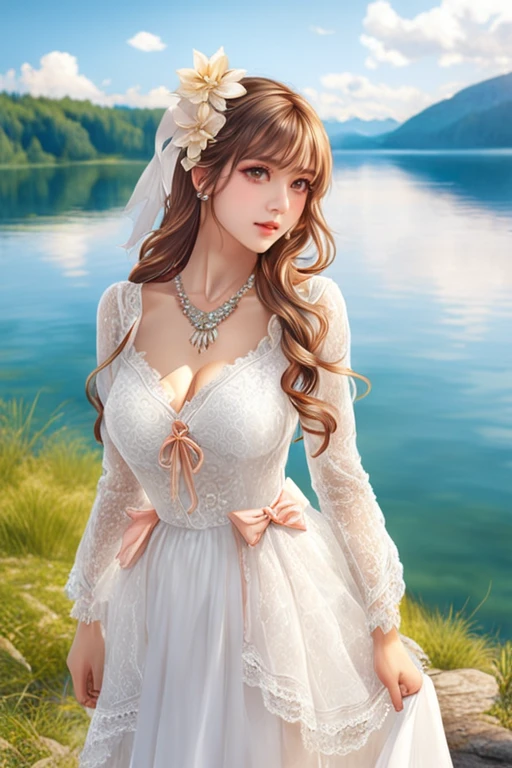 (masterpiece, best quality:1.2),illustration,8k,hd,1 girl,very long hair,solo,(collarbone:1.2),looking at viewer,
Freya,dress,white dress,long sleeves,jewelry,necklace,bow,lace trim,lace-trimmed dress,white ribbon,hair flower,hair ornament,((cleavage)),big breasts,outdoors,(day, lake:1.5),extremely detailed dress,crystalstexture skin,front view,<lora:Freya XL:1.2>,