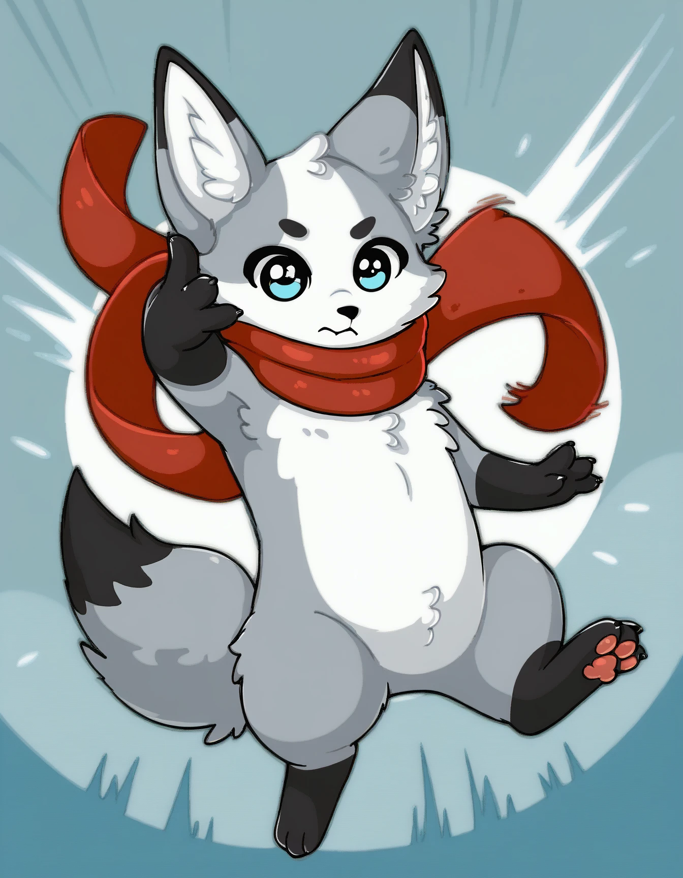 score_9, score_8_up, score_7_up, score_6_up, score_5_up, score_4_up, solo, naked
Rainey, gray fur, two tone fur, red scarf, fox tail, black paws, 3 fingers, EminemThrowingMeme, motion lines, motion blur, throwing,  right hand in pocket, five fingers, closed mouth <lora:EminemThrowingMeme_pdxl_Incrs_v1:1>
 <lora:Rainey_XL:0.9>