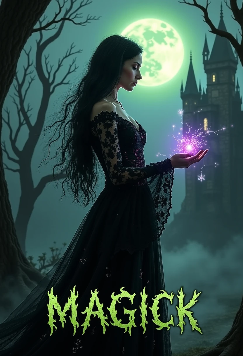 This is an image of An elegant gothic witch, clad in a flowing black lace dress with silver accents, stands in a shadowy forest at dusk. Her dark, mysterious eyes glow with power as she raises her hands, casting an ethereal spell. Wisps of glowing green and purple magic swirl around her, illuminating her pale skin and long raven-black hair. Gothic architecture looms in the distance, with twisted trees and mist enhancing the eerie atmosphere. The full moon casts an ominous glow, adding to the enchanting, yet sinister scene. The image is featuring the text "MAGICK" in a flame-like, distressed and unconventional font with jagged, and distorted spiky edges.