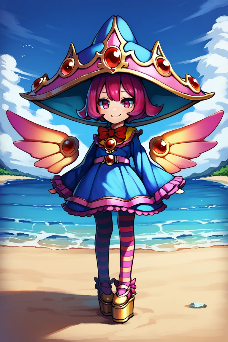 score_9, score_8_up, score_7_up, source anime, <lora:Sae:0.90> , saebase, saedef, 1girl, pink hair, short hair, pink eyes, asymmetrical wings, mismatched wings, liquid wing, two wings, (hat, crown hat), yellow capelet, pendant, gem, red gem, red bowtie, dress, blue dress, frilled dress, layered dress, striped, horizontal-striped thighhighs, striped thighhighs, pantyhose, wide sleeves, long sleeves, frilled sleeves, pink belt, purple ribbons, platform footwear, arms at sides, smile, looking at viewer, full body, solo, BREAK,
outdoors, exterior, day, ocean, overlook, scenery, <lora:backgroundsetXL:0.2> , background,