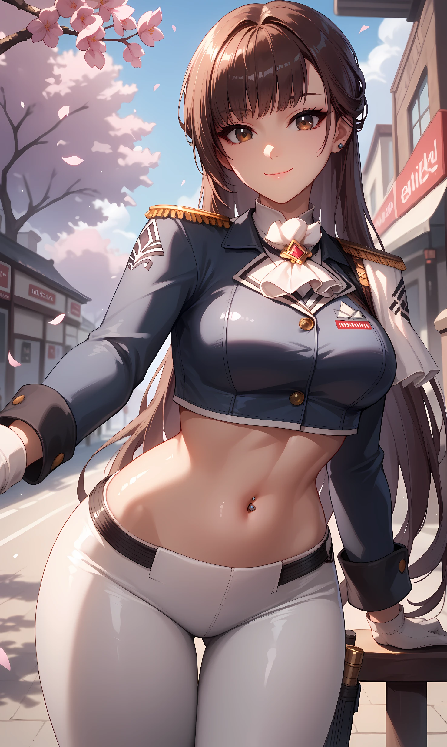 score_9, score_8_up, score_7_up, source_anime, 1girl, solo, outdoors, street, cherry blossoms, cowboy shot, standing, looking at viewer, shiny skin,marciana, brown eyes, brown hair, long hair, military uniform, long sleeves, crop top, white ascot, jewelry, white gloves, navel piercing, black belt, holster, thigh holster, thigh strap, white pants, tight pants, black boots, high-heels, leaning forward, closed mouth, smile, reaching out