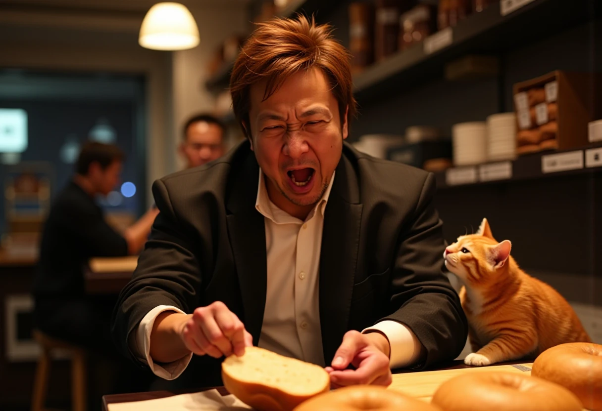 Volumetric Lighting, several mean fat cats are violently scratching red brown hair big strong SatoshiKojima man in the face for trying to steal bread, mauling, in a bread bakery, light depth, dramatic atmospheric lighting, Volumetric Lighting