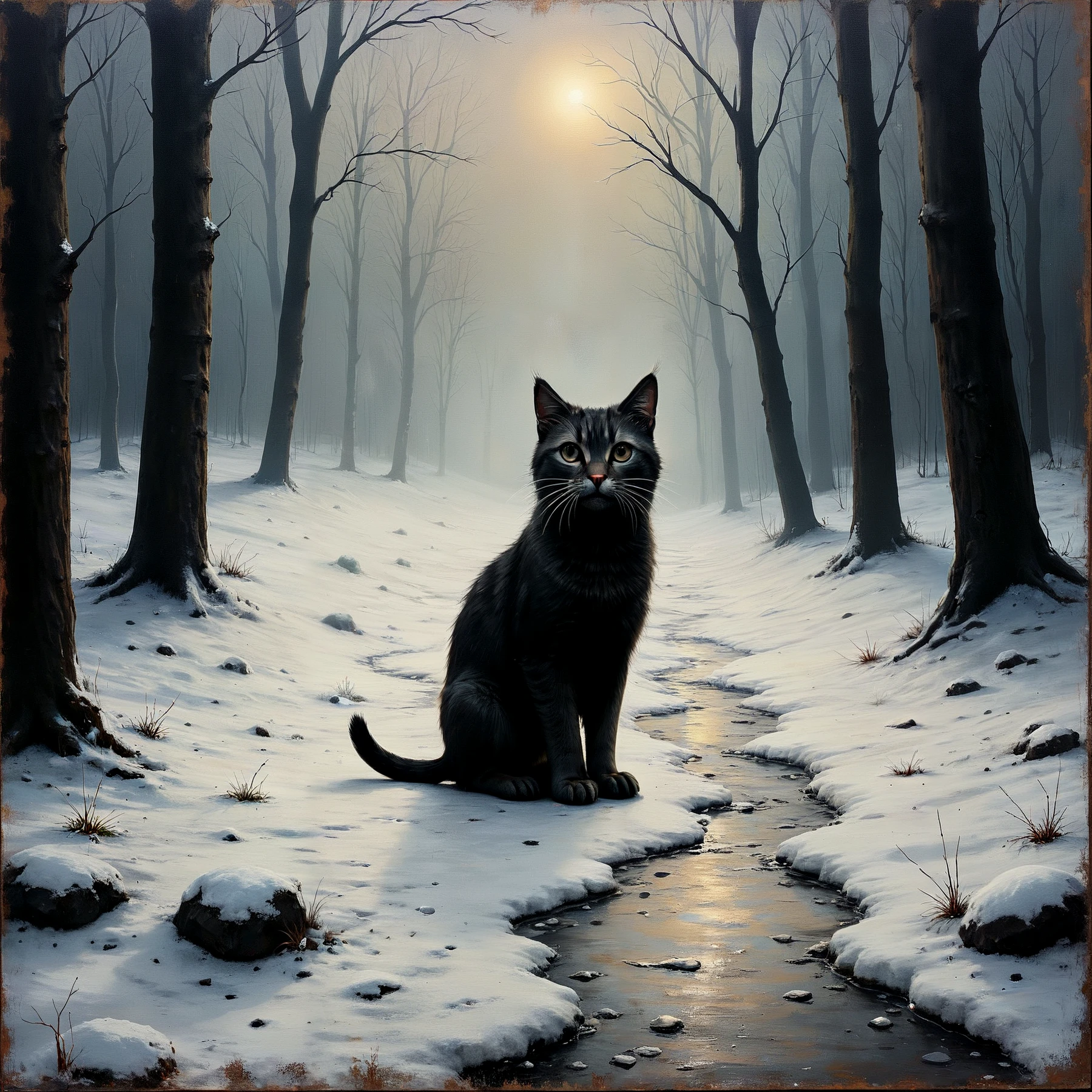 Painting of a frightened cat in a freezing snow storm, seeking shelter. Atmospheric, rustic, moody. Misty. Snowing.

<lora:Rembranksy01_CE_SDXL_64x32x120x2bOT:1> rmbrnksyCE style