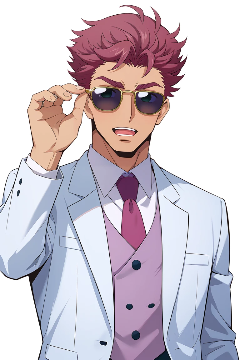 zPDXL2,rating_safe,<lora:Danji_Yu-yu_Tohya:0.9>,danji momoyama,(unworn sunglasses:1.1),1boy,male focus,(holding removed sunglasses:1.1),holding,necktie,solo,collared shirt,shirt,white shirt,upper body,open mouth,formal,white suit,purple waistcoat,purple necktie,