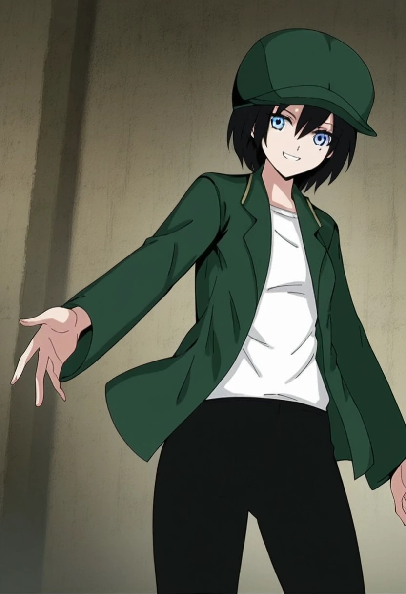 score_9, score_8_up, score_7_up, score_6_up, source_anime, anime screencap, best quality, tom, 1girl, short hair, blue eyes, black hair, tomboy, hair between eyes, medium breasts, solo, green jacket, green headwear,open clothes,open jacket hat, shirt, white shirt,pants, black pants,black shoes, indoor, bedroom, detailed background,  from below, standing, cowboy shot, sexy pose, smile,