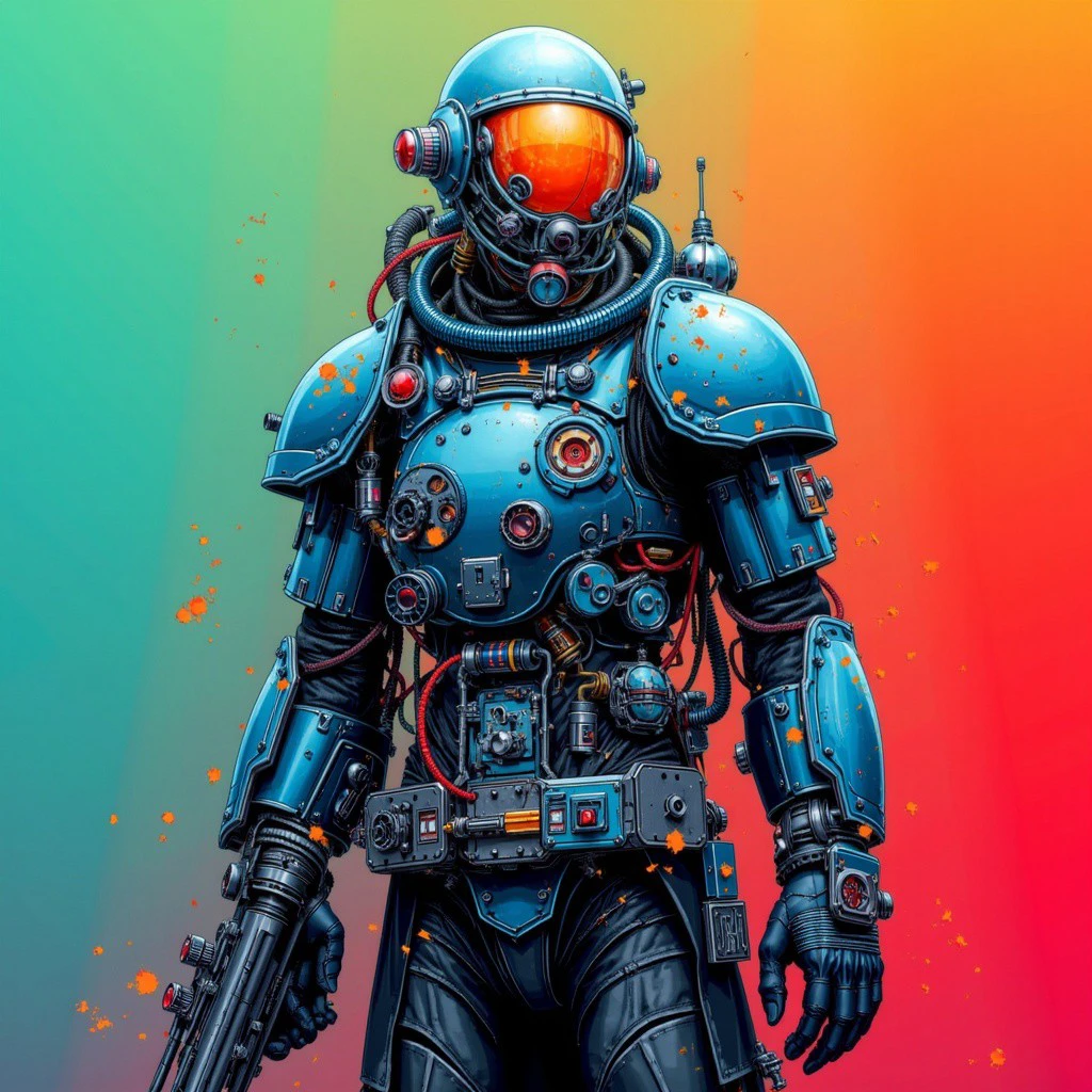 cybersociety style, The image depicts a character in a futuristic, armored suit with a blend of mechanical and organic elements. The suit is predominantly blue with orange accents and features intricate details such as pipes, gears, and what appear to be life support systems. The helmet has a visor and a head-mounted light or camera. The character stands against a background that transitions from teal at the top to red at the bottom, with abstract shapes and splatters that suggest a dynamic, possibly explosive environment. The overall aesthetic is reminiscent of science fiction, with a focus on advanced technology and a sense of readiness for action., cyborg, astronaut, helmet, armor, futuristic, weapon, orange, blue, red, background