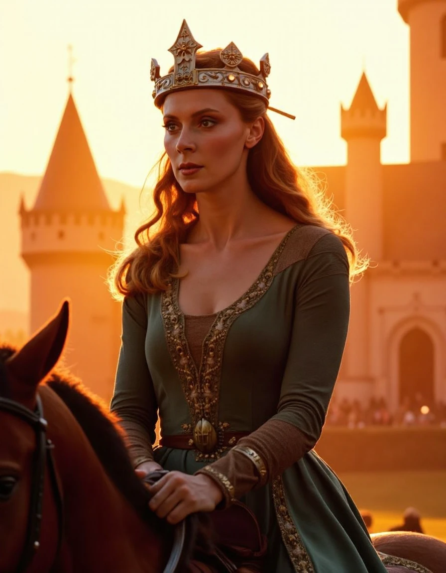 <lora:drb8vcush8r:1.2> exact replica of Dr Crusher, wearing a medieval princess dress and star trek icon crown, riding a horse, castle in the background <lora:flux_realism_lora:0.6>  golden hour