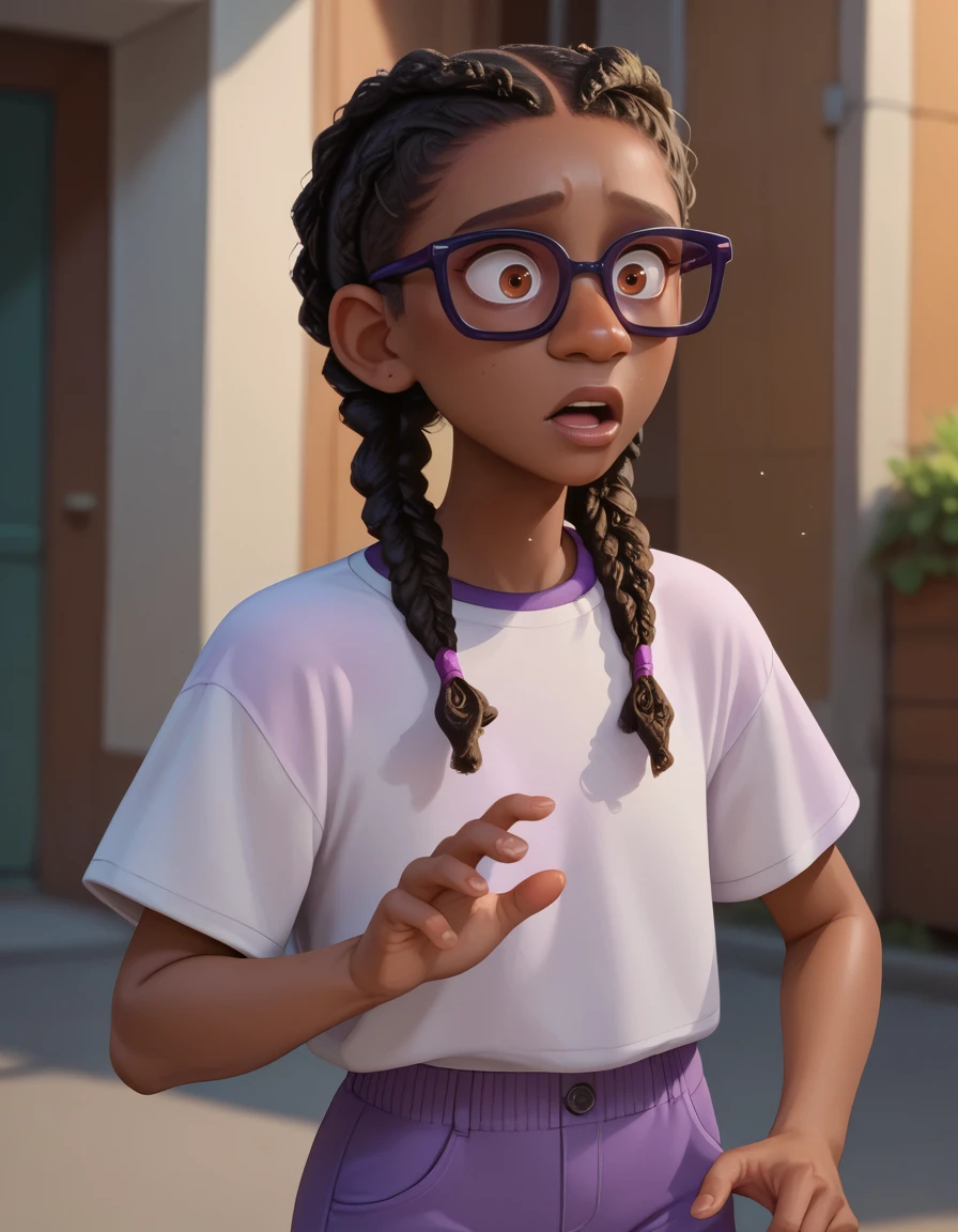 score_9, score_8_up, score_7_up, score_6_up,source_cartoon,<lora:breeinout01:1>,1girl,beeinout,dark skinned female,twin braids,black hair,brown eyes,glasses,standing,purple pants,surprised,solo