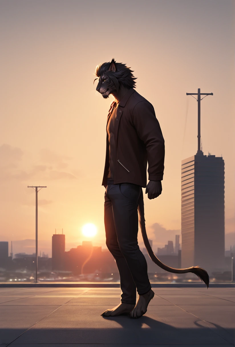 <lora:hrothgar:1>, Masterpiece, score_9, score_8_up, furry, solo, male, hrothgar, standing, side view, tall buildings, walking across street, sunset, dramatic clouds, anthropomorphic character, medium-sized fur, detailed fur texture, realistic lighting, vibrant sky, golden hour lighting, fur reflecting warm sunset glow, shadows on the ground, bustling city vibes, furry character with realistic features, city streetscape, modern architecture, long tail swaying, detailed background, depth of field