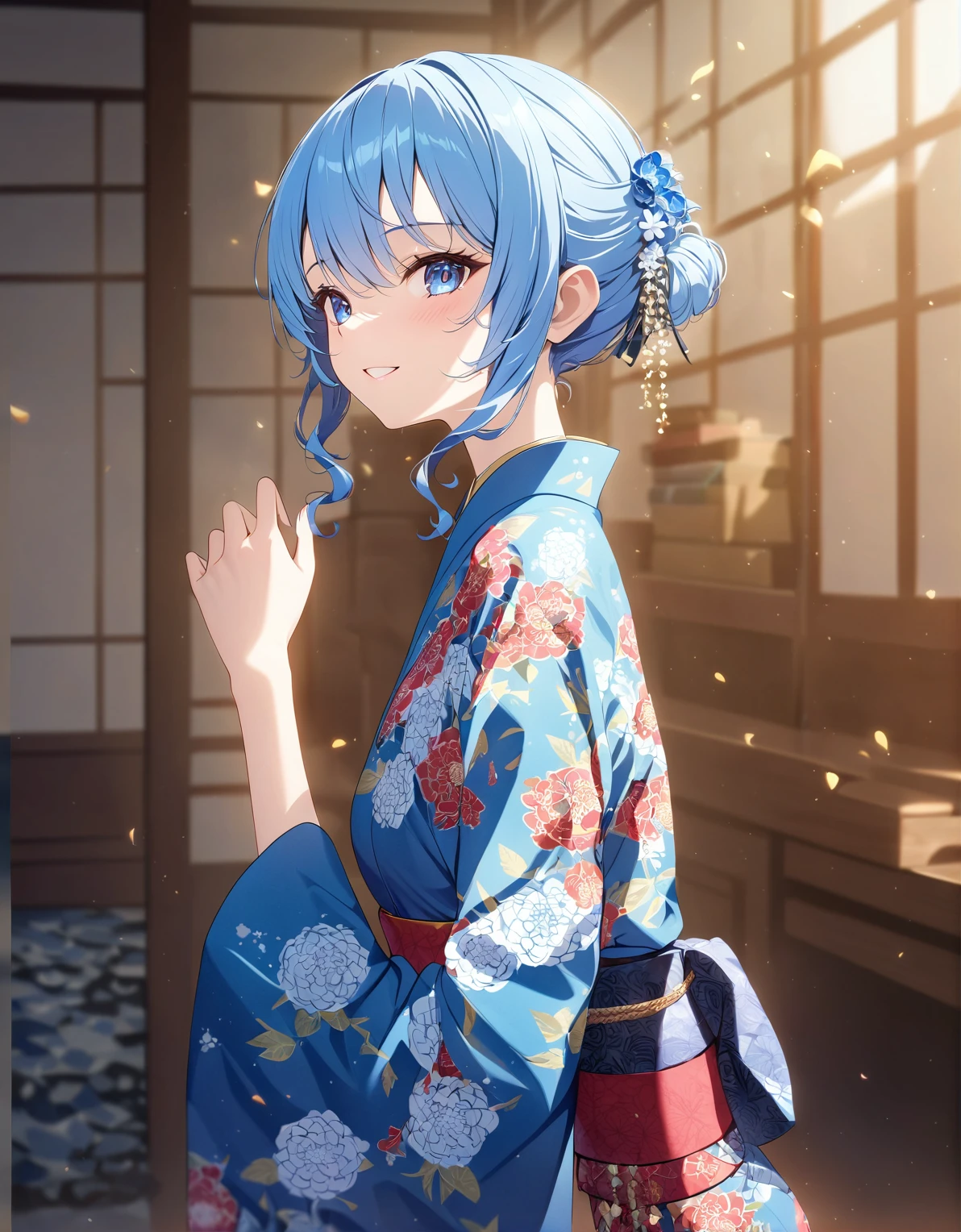 <lora:Hochimochi-000049:1> hoshimachi_suisei, blue hair, 1girl, solo, blue eyes, looking at viewer, new_year_costume_2020 , kimono , smile, cute , masterpiece, best quality, 1girl, solo, cinematic, soft lighting, shine skin , light skin , 8k, ,best quality ,masterpiece, illustration, an extremely delicate and beautiful, extremely detailed ,CG ,unity ,8k wallpaper, Amazing, finely detail, masterpiece,best quality,official art,extremely detailed CG unity 8k wallpaper,absurdres, incredibly absurdres, huge filesize , ultra-detailed, highres, extremely detailed,beautiful detailed girl, extremely detailed eyes and face, beautiful detailed eyes,light on face,1girl