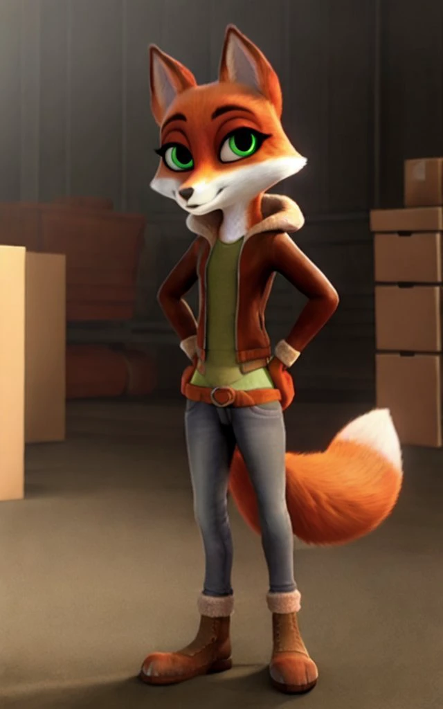 <lora:arctic_dogs:0.8>
solo, masterpiece,
jade, fox, green eyes,
clothed, winter clothing, jeans, paws,
standing, posing,
warehouse background,