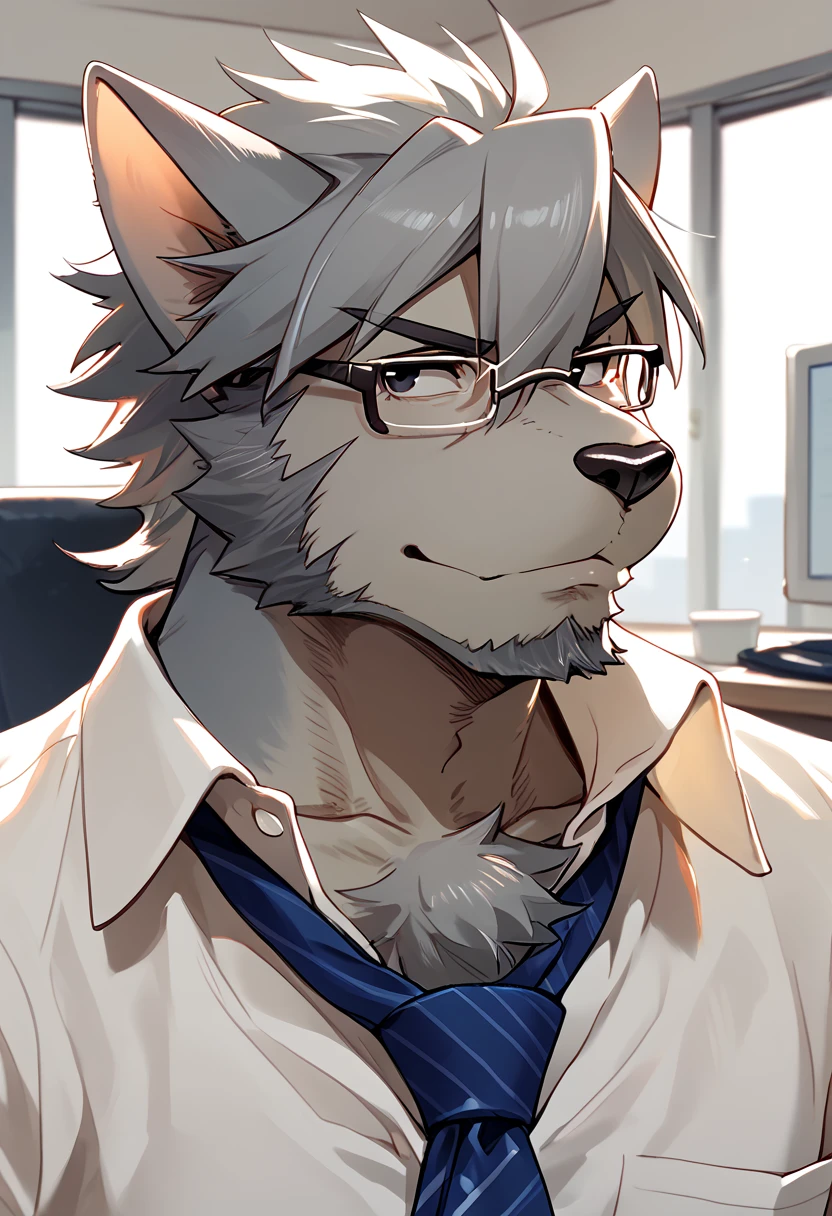 score_9, score_8_up, score_7_up, high quality, hires, 4K, solo, mitsuhisa_aotsuki, morenatsu, furry, facial hair, black eyes, grey body, chest tuft, glasses, blue tie, seductive, office, <lora:Mitsuhisa_Aotsuki_Morenatsu:1>