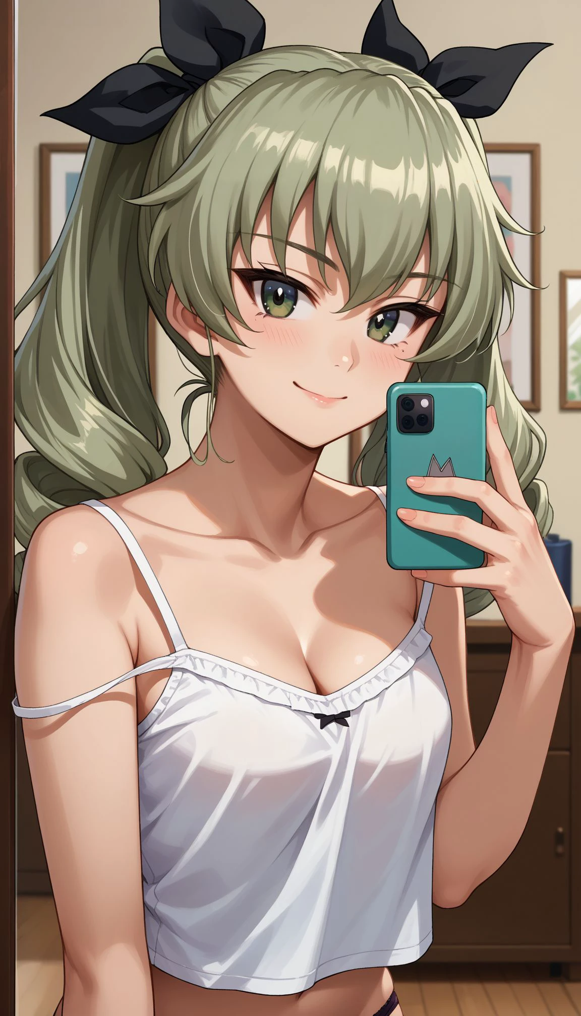 score_9, score_8_up, score_7_up, source_anime,
 <lora:Anchovy:0.8>,, , anchovy (girls und panzer),green hair, long hair, twin drills, bangs, hair ribbon,  white camisole, sleeveless, strap slip, off shoulder, cleavage, midriff, black panties, indoors, reflection, looking at mirror, holding phone, smile,