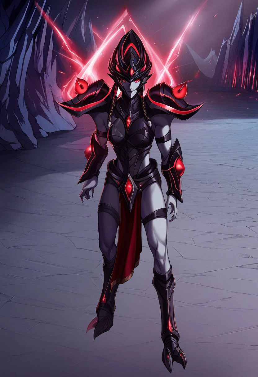 Ji'nara,1girl,solo,protoss girl,tal'darim,no mouth,no nose,no ears,elongated head,glowing eyes,alien girl,red eyes,armor,colored skin,pauldrons,braids,vambraces,black and red armor,helmet,pelvic curtain,breastplate,spaceship,sexual pose,score_9, score_8_up, score_7_up, beautiful aesthetic, very intricate, high quality details,vibrant, highly detailed, award-winning, professional,anime artwork, anime style, studio anime, athletic, toned female,muscular milf,curvy body, athletic girl,fit girl, ,looking at viewer, pinup pose,teasing, dynamic lighting, cinematic, smug, better than you, aura of temptation, highly detailed, high resolution, masterpiece, detailed clother, detailed background, highly detailed, ((sound effects)) comic layout,