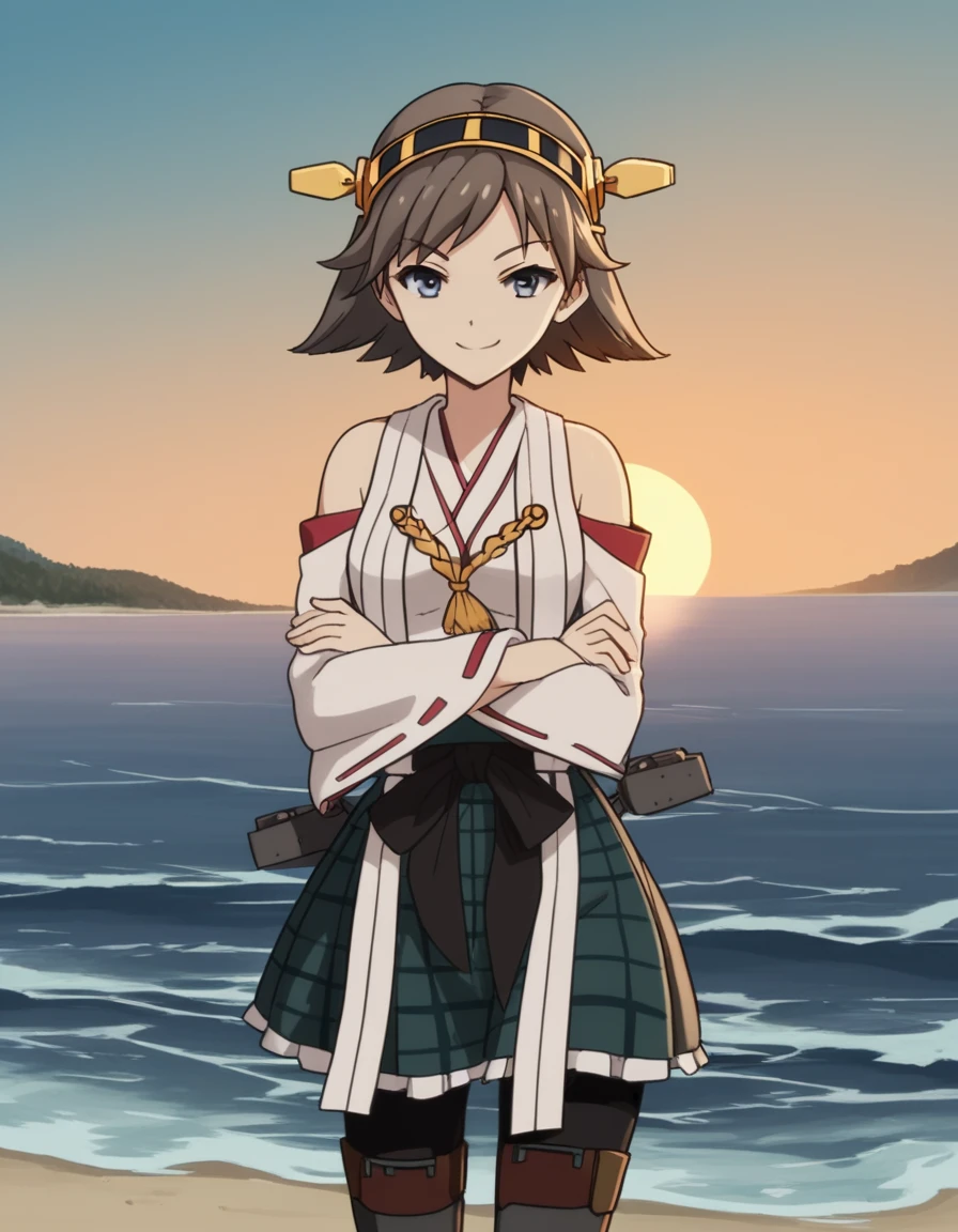 score_9, score_8_up, score_7_up, source_anime, <lora:kancolle-hiei-s1-ponyxl-lora-nochekaiser:1>, hiei, short hair, blue eyes, brown hair, hairband, hiei (kancolle), medium breasts,, skirt, thighhighs, bare shoulders, pantyhose, detached sleeves, japanese clothes, nontraditional miko,, beach, sunset, walking along shore, footprints in sand, waves, peaceful, smile, looking at viewer, crossed arms, smile, smug, solo,, cowboy shot, dutch angle