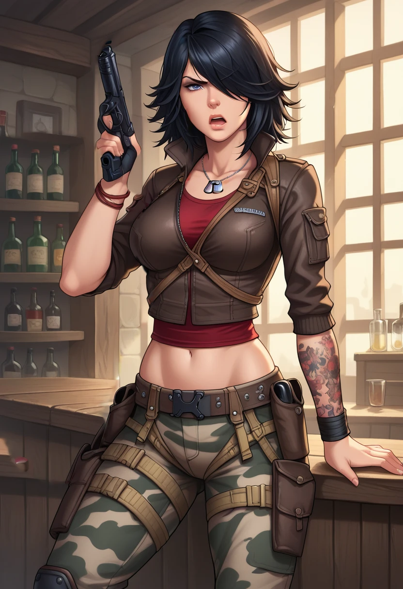 score_9, score_8_up, score_7_up,  source_anime,  BREAK solo, 1 girl,  <lora:WETRubyMalone:1>, RMWT, black hair, grey eyes,medium hair, hair over one eye, dog tags,  brown jacket, red undershirt, bracelet, midriff, wrist tattoo, camouflage pants, knee pads, boots, annoyed, open mouth, bar (place), breasts, looking at viewer, gun, holding gun, 1 girl, solo,  trigger discipline