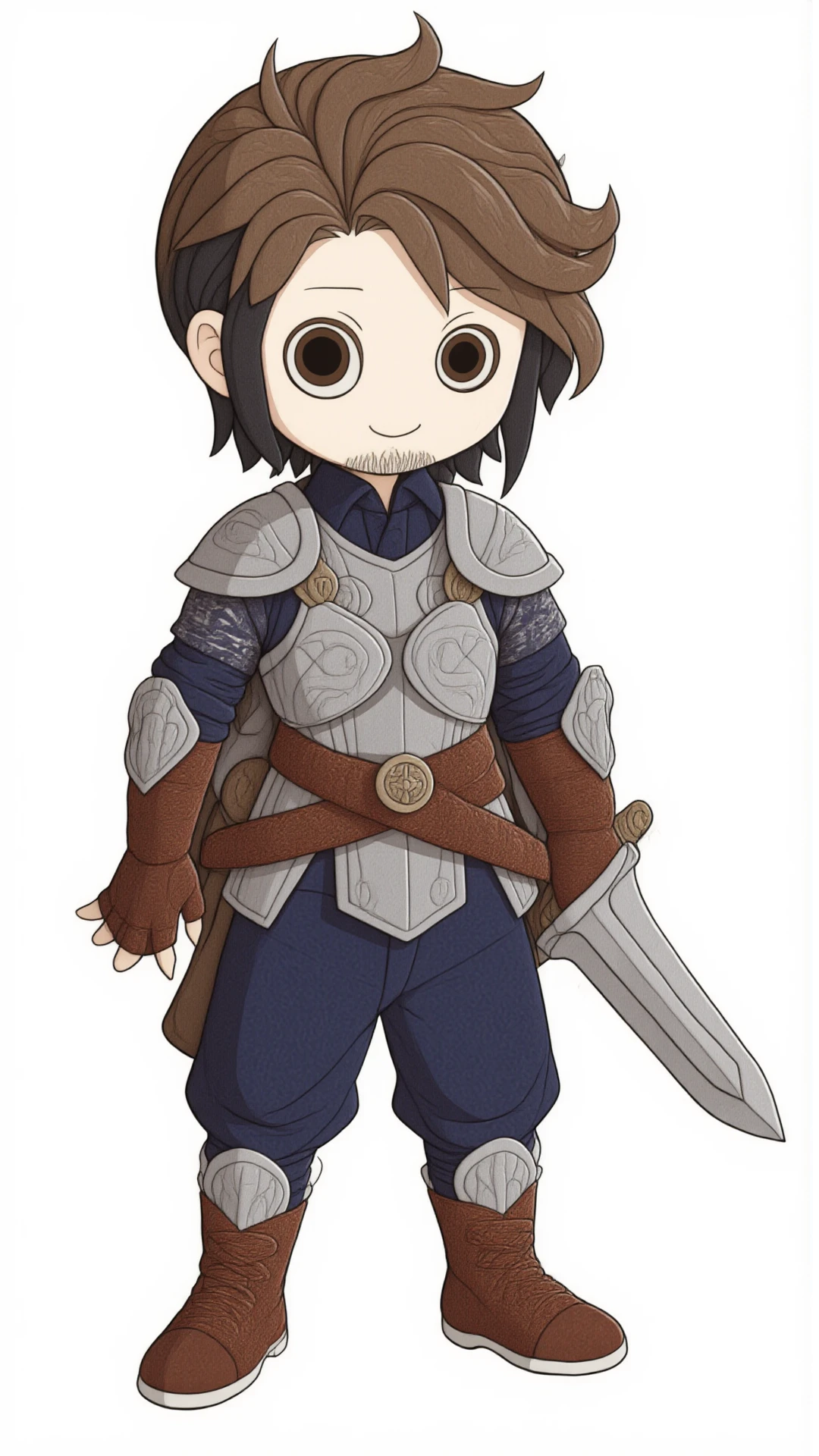 <lora:KawaiisStyle:1>kawaii style 1boy, solo, male focus, armor, weapon, sword, facial hair, brown footwear, brown gloves, pants, standing, sheath, shoulder armor, brown hair, looking at viewer, boots, beard, closed mouth, full body, belt, blue shirt, brown eyes, gloves, brown belt, short hair, shirt, greaves, scabbard, long sleeves, white background, sheathed, pauldrons, blue pants, breastplate, knife, black hair