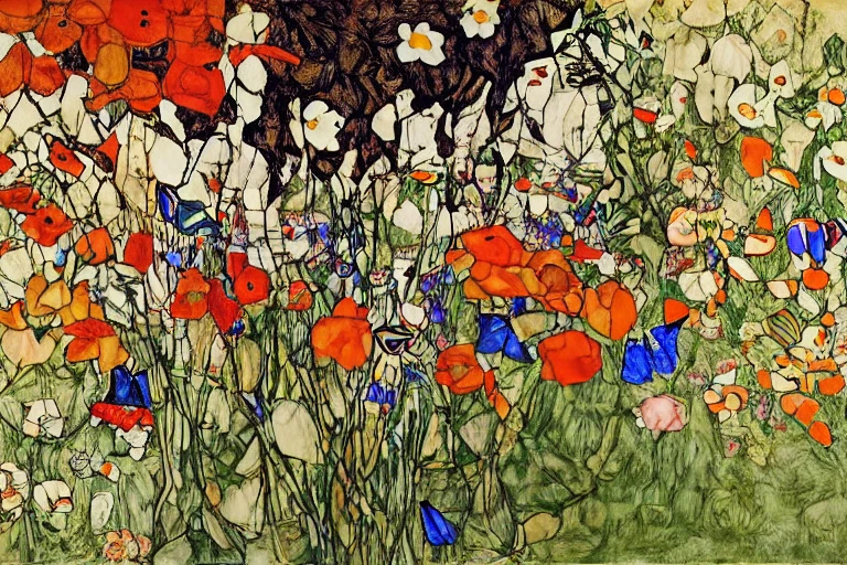 <lora:Schiele-10:1>, Schiele, A spring garden in full bloom with colorful flowers and butterflies.