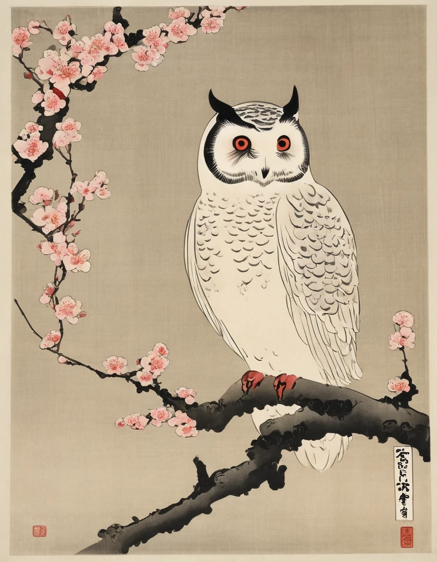 snow white owl sitting on cherry blossom branch, brush painting,  <lora:Ohara_Koson_Style:0.4>koson