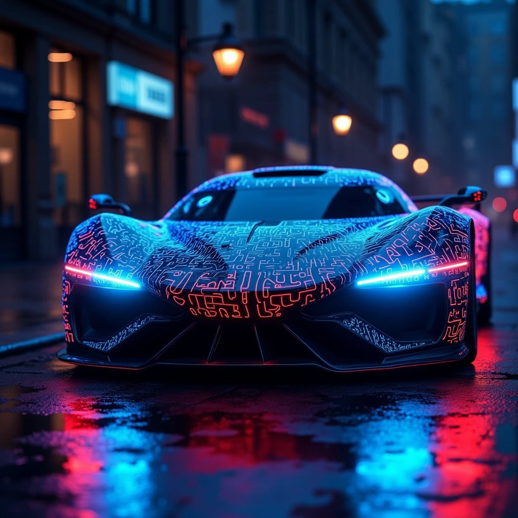 This photograph captures a futuristic, high-tech sports car,there is glowing text texture all over on the car with letters "cyberpunk" with a futuristic letter style,the car is  likely a concept vehicle, parked on a wet, glistening street at night. The car's sleek, aerodynamic design is accentuated by intricate neon blue and red wireframe lines that outline its body, suggesting a cyberpunk aesthetic. The vehicle's headlights and taillights are glowing with a bright, pulsating blue light, while the rear lights are red, creating a striking contrast.
 <lora:glowing_text_flux:0.8>