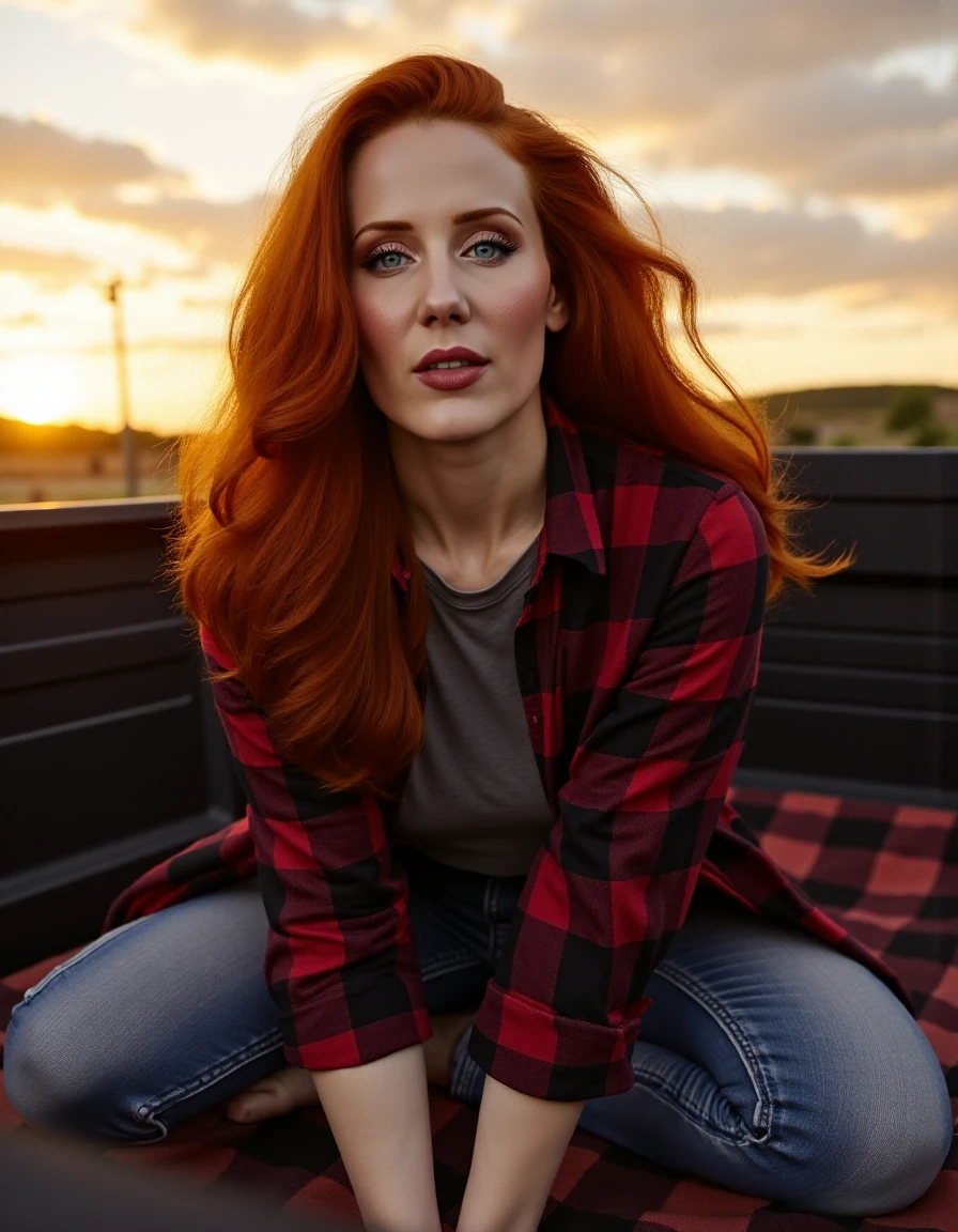 <lora:SimoneSimonsQuiron_FLUX-000001:1.2> SimoneSimonsQuiron,   a woman with long red hair and blue eyes,    create a highly detailed closeup photo of a  woman with long red curly hair lying back on a blanket in the back of a pick-up truck watching the sun set, she is wearing an open flannel shirt over a gray tshirt and tight jeans, she is propped up on her elbows, sexy ominous mood, dramatic lighting, golden hour, beauty, realism, cinematic quality photo by annie leibovitz.  , text  "QUIRON" in bold ,