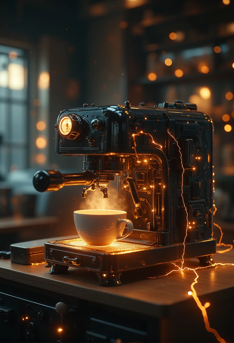 gholstlightning,a coffee machine,making coffee,on table,electricity, 