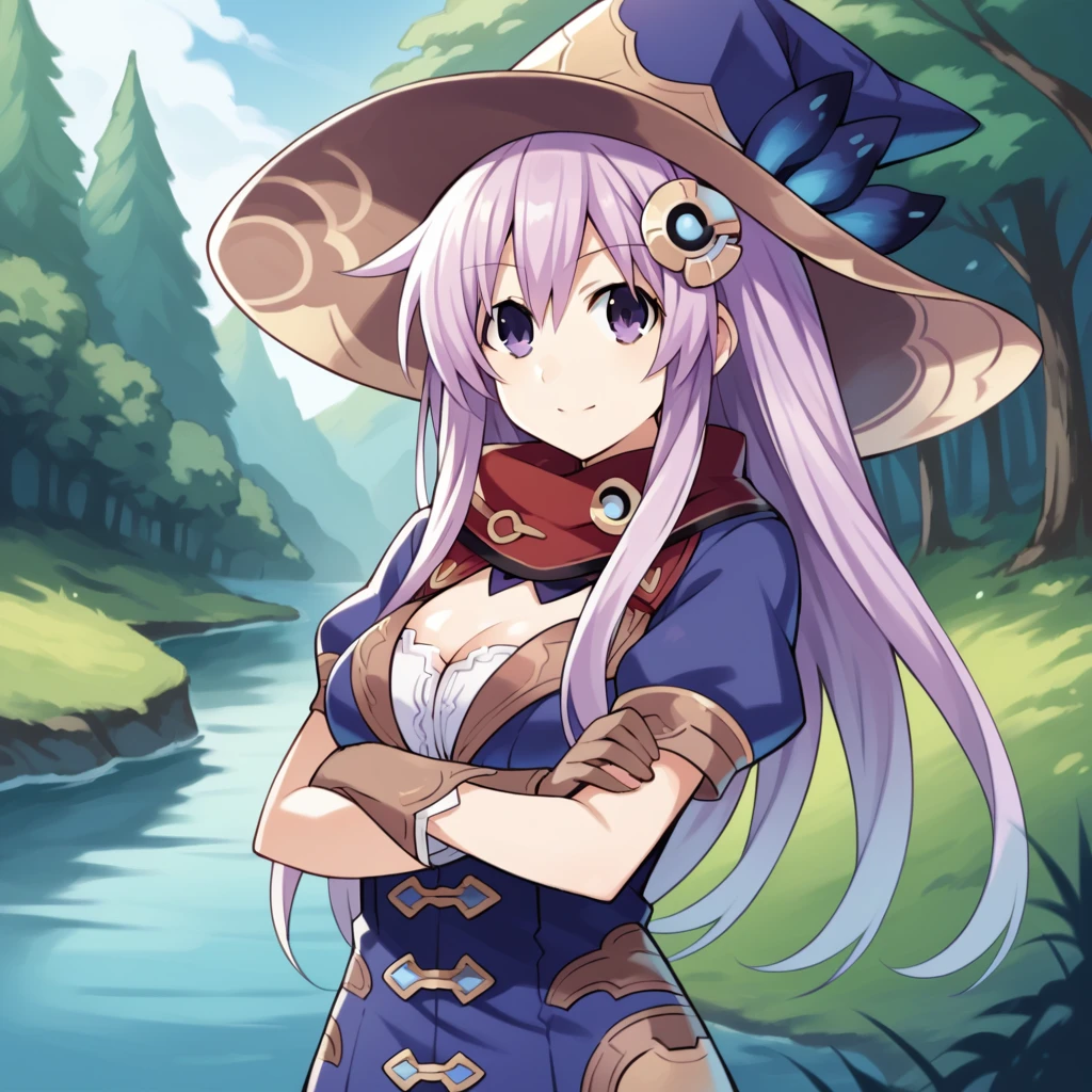 score_9_up, score_8_up, score_7_up, source_anime, 1girl, solo, NepG, Nep_Wit, magical forest, river, rainbow, standing, crossed arms, confident smile, looking at you, nepgear, long hair, purple hair, purple eyes, witch hat, blue dress, alt dress, gold trim, white shirt, cleavage, puffy short sleeves, brown gloves, blue sleeves, red scarf, hair ornament, mature body, dynamic cowboy shot, outdoors, forest background