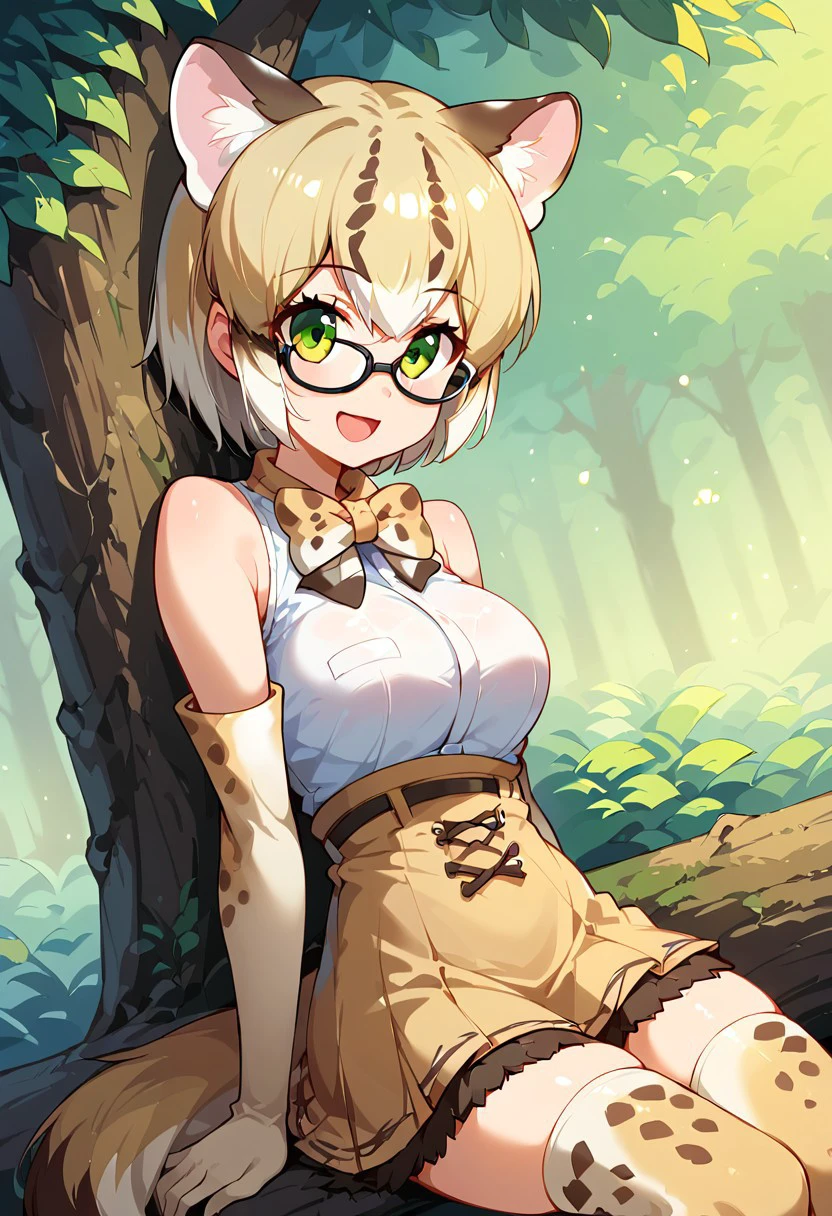 1girl, ((solo)), best quality, ultra-detailed, extremely detailed, perfect anatomy, masterpiece, score_9, score_8_up, score_7_up, margay (kemono friends), animal ears, animal ear fluff, tail, short hair, multicolored hair, light-blonde hair, green eyes, glasses, black-framed eyewear, bowtie, bare shoulders, sleeveless shirt, white shirt, skirt, thighhighs, elbow gloves, print gloves, print bow, print skirt, print legwear, open mouth smile, happy, looking at viewer, hands at sides, cute, outdoors, in a forest canopy, wilderness, in the treetops, sitting, sitting on tree branch, dutch angle, portrait shot,