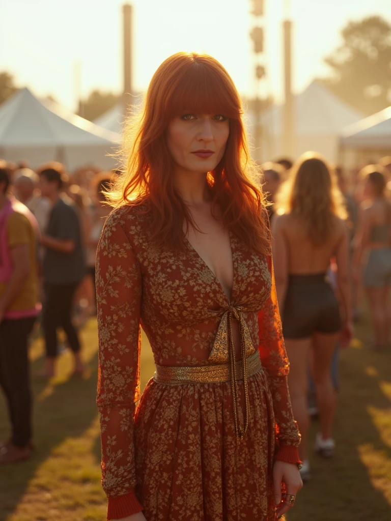 cinematic,  full body shot,  Florence Welch, wearing a lovely glamorous hipster  outfit, in an outdoors music festival backstage,  photorealistic, real photography, 8k, hd,  <lora:Florence Welch-step00001200:0.9>