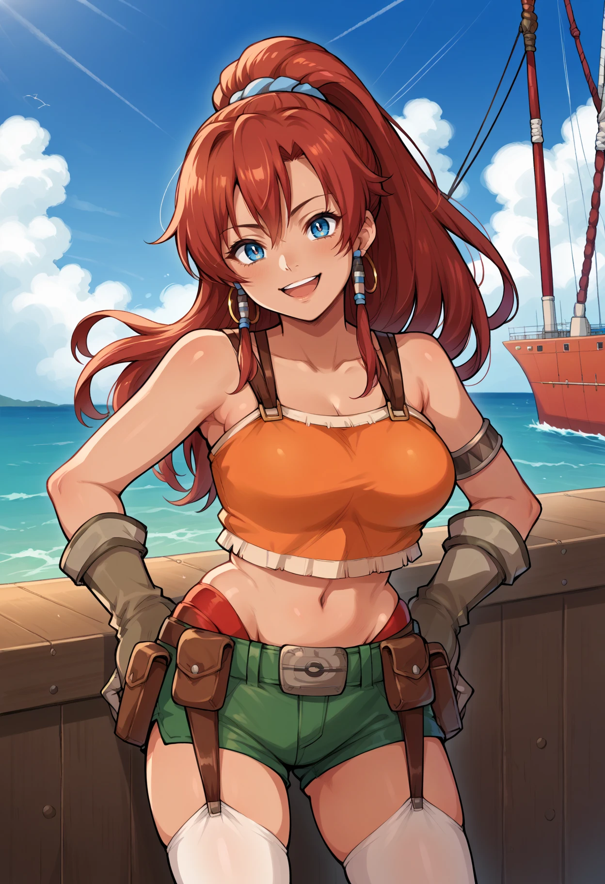 score_9, score_8_up,score_7_up, source_anime, 1girl, solo, outfitbllws, large breasts, long hair, red hair, blue eyes, ponytail,
jewelry, hoop earrings, armlet, blue scrunchie, hair beads,
tank top, orange shirt, crop top, green shorts, brown gloves, white thighhighs, short shorts, garter straps, tan, belt, belt pouch, red panties, taut clothes, taut shirt,
midriff, navel, bare shoulders,
standing, hands on own hips, smile, upper teeth only, outdoors, ocean, ship, standing on a container ship
<lora:bllws_pdxl_EliPot:1>