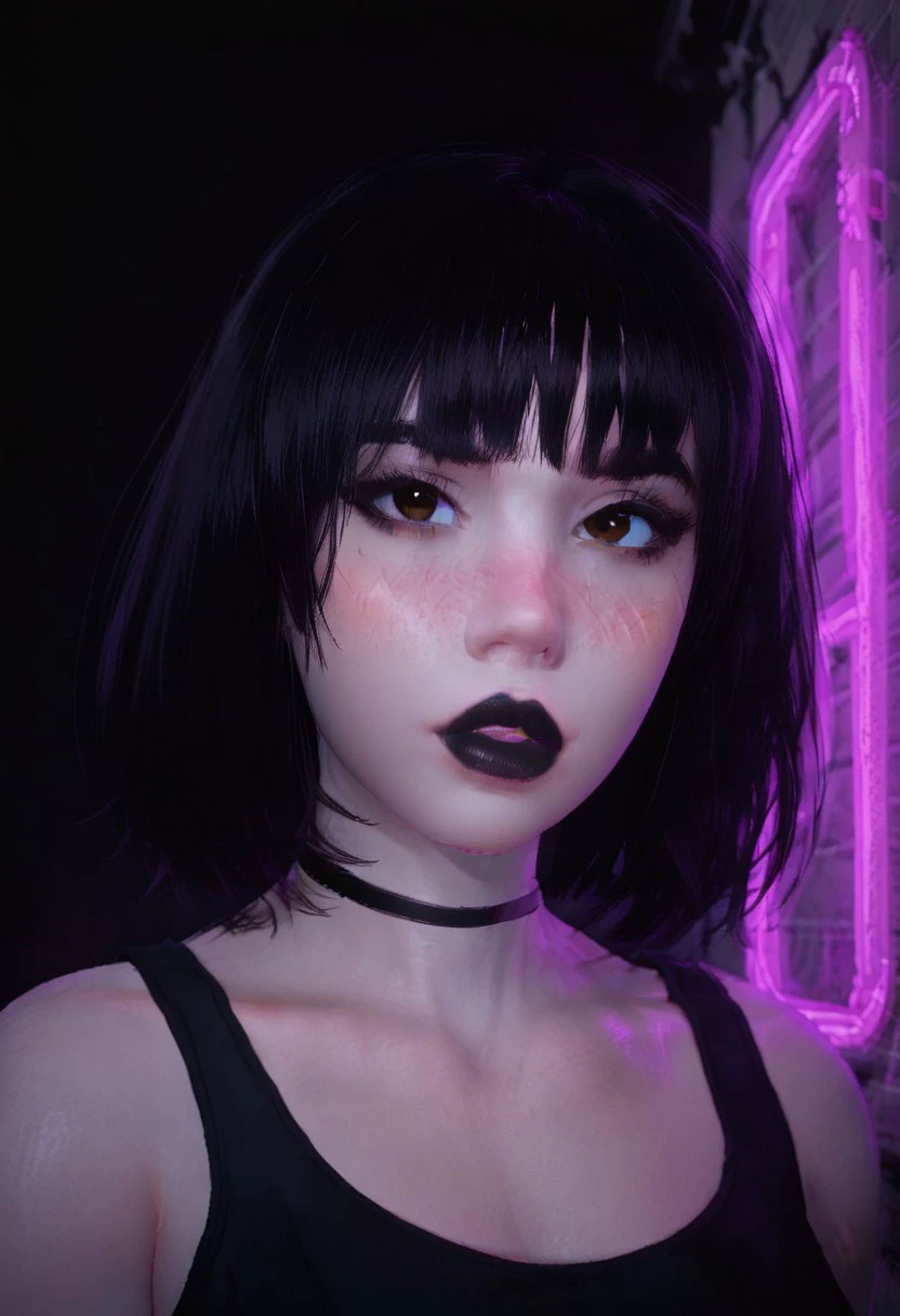 m1na, long black hair, ponytail, brown eyes, perfecteyes, black tank top, (thick black choker), (black lips), seductive, thick bangs, medium hair, blush, nose blush, (winged eyeliner),
medium breasts, 43stl1ght1ng, low light, dramatic lighting, darkness, g0thicPXL, glowing, neon, neon sign,