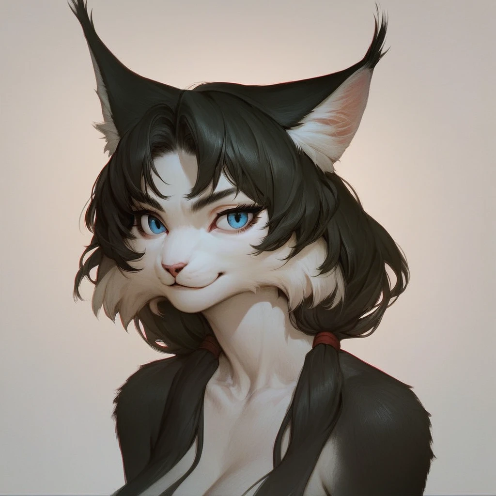 score_9_up, score_8_up, score_7_up, score_6_up, source_furry, (best quality:1.1), ultra-detailed, high resolution, solo, tatiana, anthro cat, cat girl, female, two-color fur, white fur, black fur, black fluffy pointed ears, white ear tips, fluff in ears, fluffy tail, long black hair, curtain bangs, ice blue eyes, long eyelashes, large breast, naked, cute, portrait, smirk, red royal dress, portrait, detailed facial features, looking at viewer, expressiveh, simple background, highly visible, sharp focus, anatomically correct