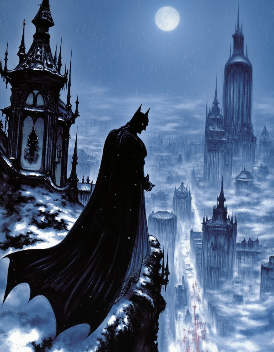 In a captivatingly intricate traditional illustration reminiscent of Yoshitaka Amano’s ethereal style, a brooding Batman stands poised on the craggy rooftop of a gothic skyscraper in Gotham City, drenched in the silvery glow of a moonlit night. His sleek, shadowy cape billows dramatically behind him, almost merging with the swirling snowflakes that cascade softly from the sky, each flake unique and shimmering as it catches the light. 

The dark, towering edifices of Gotham rise around him, their intricate architectural details accentuated by a fresh blanket of snow that glistens like diamonds under the street lamps below, illuminating the otherwise shadowy alleyways sprawled across the city's depths. In the distance, the iconic silhouette of the Bat-Signal pierces through the falling snow, casting a stark light against the heavy clouds as it calls for its vigilante protector.