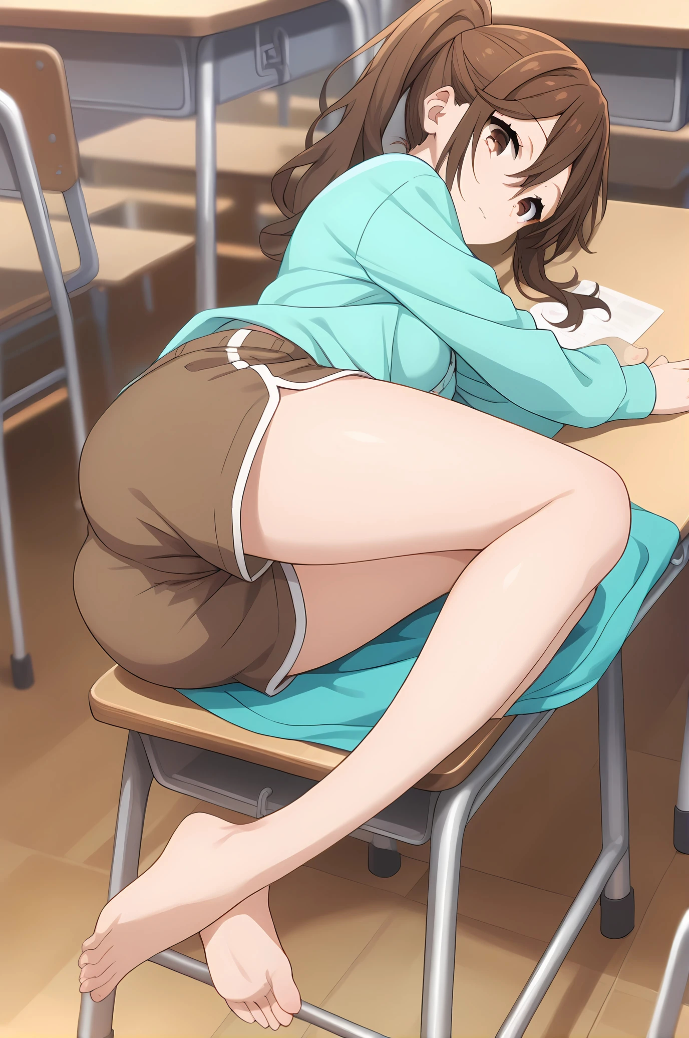 (aqua shirt brown shorts), hm-hori, brown hair, brown eyes, medium breasts, 1girl, solo, skinny, score_9, score_8_up, score_8, score_7_up, score_7, score_6_up, score_6, score_5_up, score_5, source_anime, , classroom, (1.3::full body|sitting|standing|lying|straight-on|0.6::close-up| :1.20), feet, <lora:hm-hori-V01-000003:0.90>, side ponytail