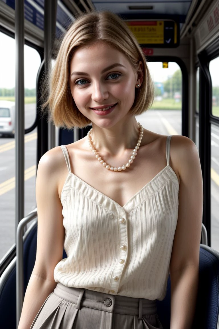 European woman, closeup, (shirt), pants, (bus interior), pearl necklace , smiling , ZM_nichole, wide shoulders, perfect face, (contact iris: 1.1), pale skin, skin pores , depth of field