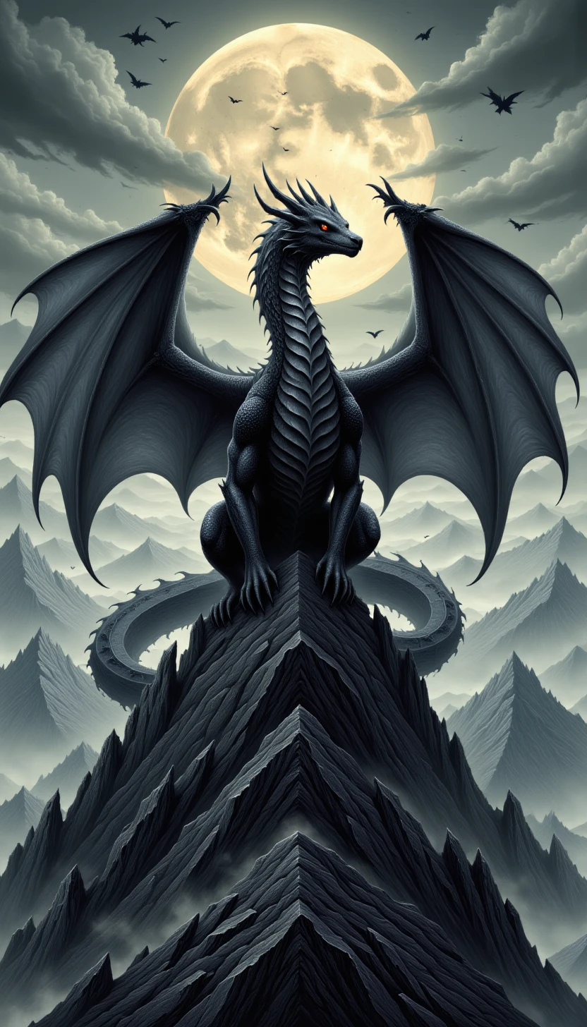 p1nkgr1md4rk, grimdark, eerie, horror, A lone, majestic dragon perched atop a windswept mountain peak, its eyes fixed on some distant point as it broods over some ancient secret