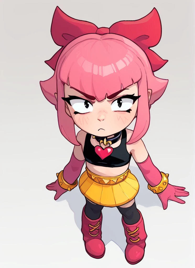 score_9, score_8_up, score_7_up,  <lora:bsmelodie:1>  bsmelodie  , 1girl, solo ,  pink hair,  hair bow  ,black collar ,neck heart  ,black shirt, crop top,  bare shoulders, elbow gloves, pink gloves, yellow bracelet , yellow skirt  , black thighhighs  , boots,   <lora:PossumMachine:1>posmach , looking at viewer,  confused, ??? ,   full body, from above,