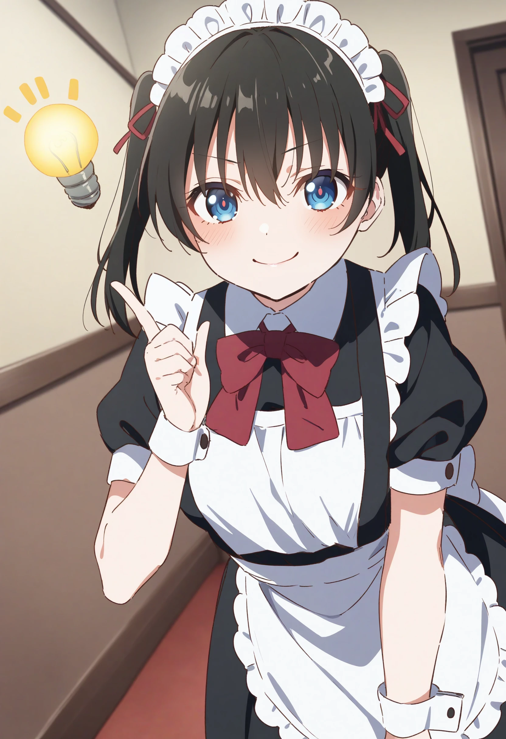 1girl,sincos, ningen mame, toosaka asagi,solo,medium breasts,20yo,maid,maid headdress,
Idea Light Bulb,<lora:Idealightbulb_XL_v1:0.8>
black hair, silver eyes,teasing smile, corridor, closed mouth, two side up hair,,
best quality, very aesthetic, absurdres