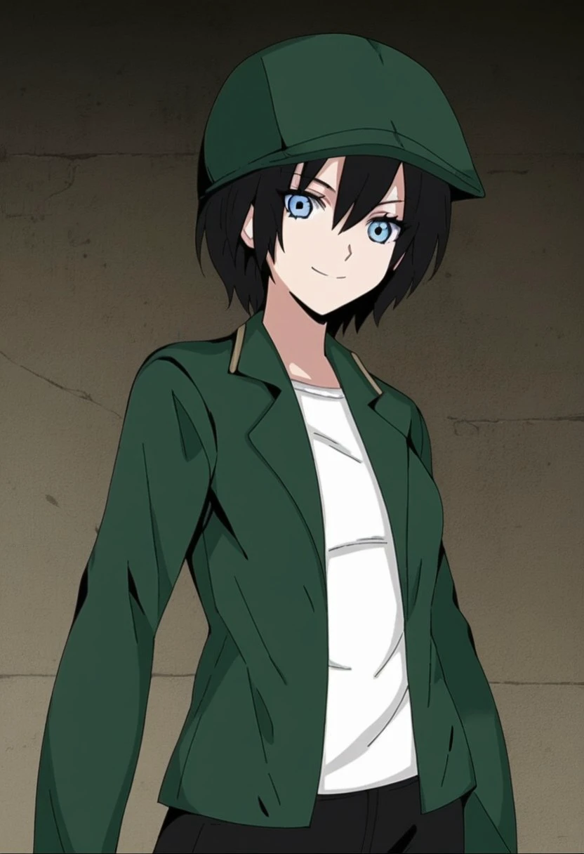 score_9, score_8_up, score_7_up, score_6_up, source_anime, anime screencap, best quality, tom, 1girl, short hair, blue eyes, black hair, tomboy, hair between eyes, medium breasts, solo, green jacket, green headwear,open clothes,open jacket hat, shirt, white shirt,pants, black pants,black shoes, indoor, bedroom, detailed background,  from below, standing, cowboy shot, sexy pose, smile,