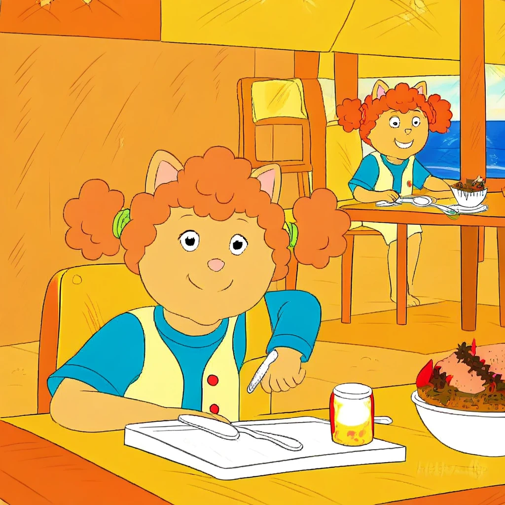 sue ellen from arthur, upper body, sitting, knife, fork, bowl, raglan sleeves, spoon, beach, shirt, day, food, book, (kid), curly orange hair, chair, twintails, blue shirt, smile, kneepits, indoors, outdoors, show accurate, short sleeves