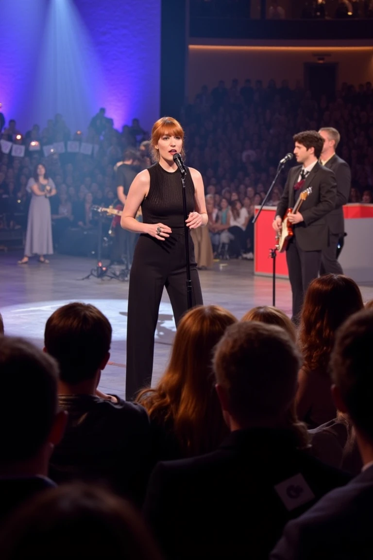 Florence Welch performing live in a TV studio, captivating the audience with her powerful vocals. She wears a beautiful, elegant high-neck dress and has her hair styled in a chic bun. The studio is brightly lit, with people watching intently from the audience area. The composition captures her in a dynamic, expressive pose, with the stage and instruments adding to the vibrant atmosphere.