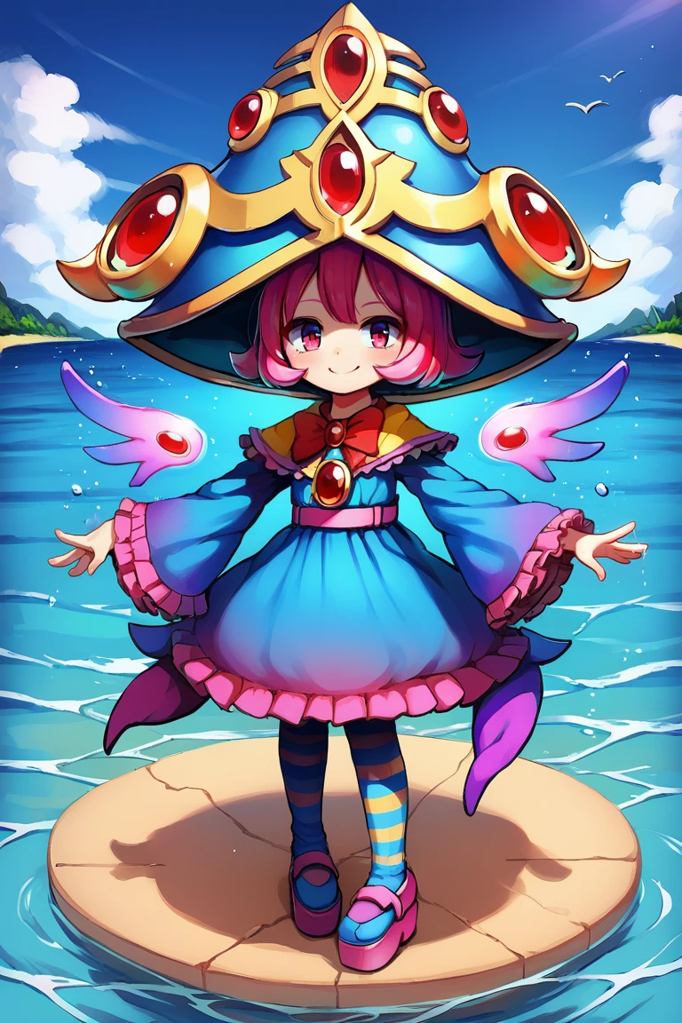 ((background)), water, score_9, score_8_up, score_7_up, source anime, BREAK,  <lora:Sae:0.75> , saebase, saedef, 1girl, pink hair, short hair, pink eyes, asymmetrical wings, mismatched wings, liquid wing, hat, crown hat, yellow capelet, pendant, gem, red gem, red bowtie, dress, blue dress, frilled dress, layered dress, striped, horizontal-striped thighhighs, striped thighhighs, pantyhose, outstretched arms, wide sleeves, long sleeves, frilled sleeves, pink belt, purple ribbons, platform footwear, ((arms at sides)), smile, looking at viewer, full body,  <lora:m4gXLP:0.7> , m4g, solo, outdoors, exterior, day, ocean, overlook, scenery, <lora:backgroundsetXL:0.2> ,