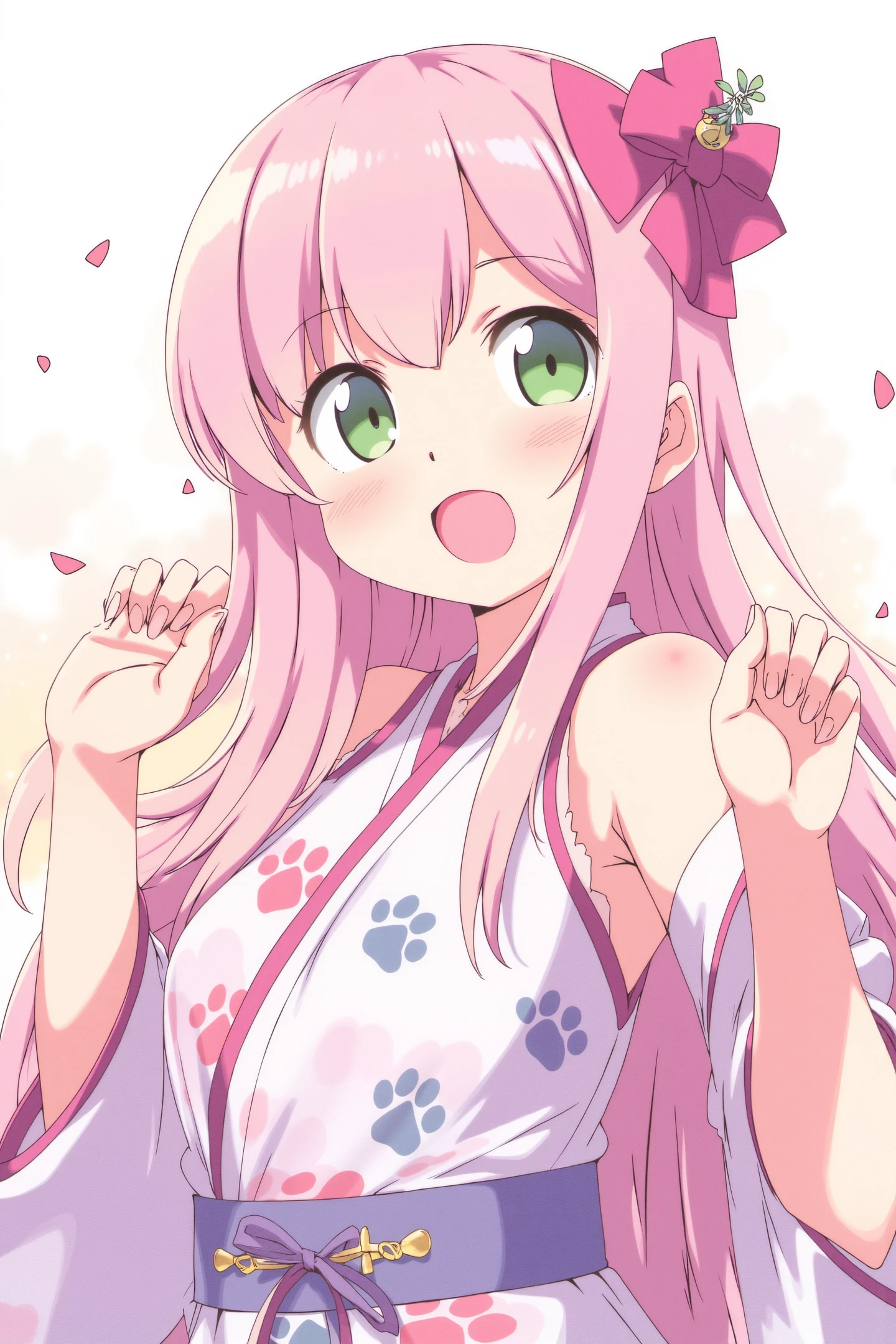 1girl,virtual youtuber,hair ornament,solo,green eyes,ahoge,long hair,sideboob,open mouth,x hair ornament,pink hair,looking at viewer,detached sleeves,floral print,paw print,medium breasts,petals,one side up,wide sleeves,hairclip,cherry blossom print,bell,paw print pattern,blush,hair between eyes,bangs,japanese clothes,smile,paw pose,upper body,bare shoulders,hair bell,sleeveless,cherry blossoms,bow,frills,nontraditional miko,
<lora:Kanzaki Hiro_FLUX:1>,