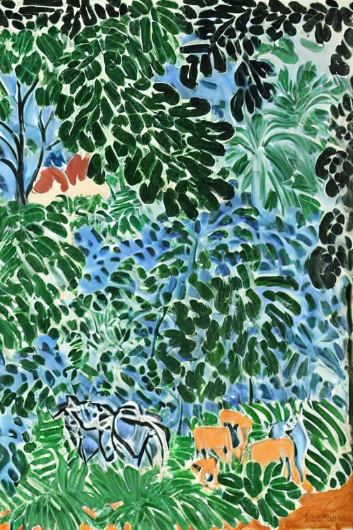 <lora:Matisse-10:1>, Matisse, A detailed painting of a lush forest with various animals and birds.