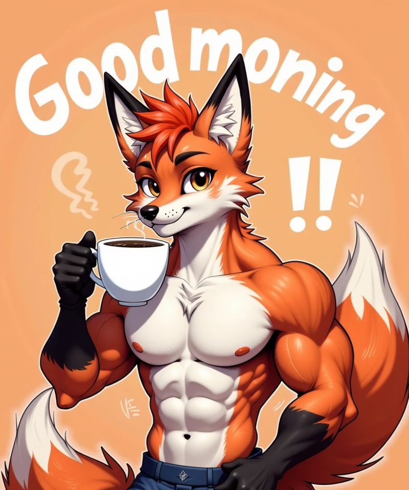 fluxorbit, muscular male anthro fox, drinking coffee in a big cup of coffee, big title saying "Good morning !", furry, cute, red boxer, wavy spiky hair, looking at viewer, <lora:magazine_cover:1> <lora:fluxorbit_mini_v1:1>