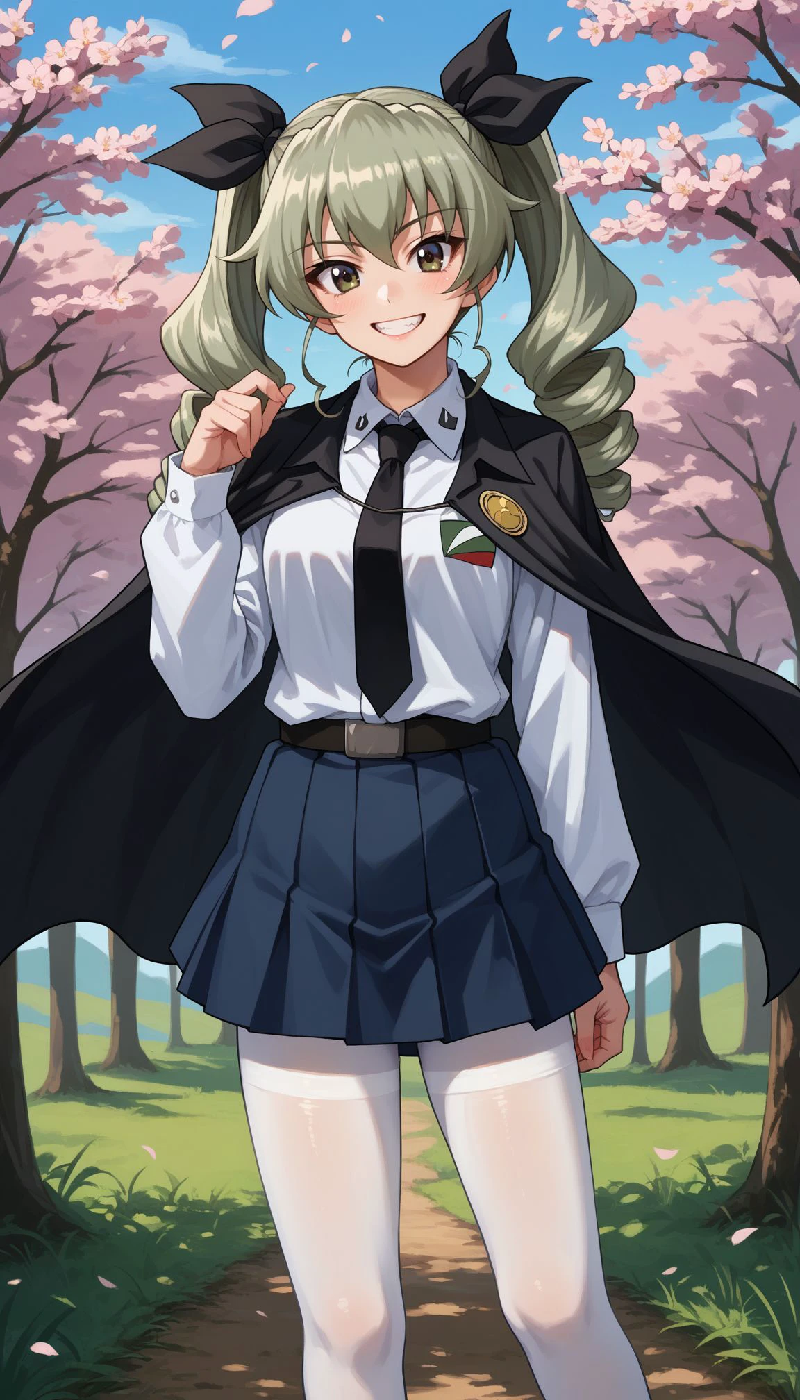 score_9, score_8_up, score_7_up, source_anime, outdoors,cherry blossoms,standing,cowboy shot,smile,
<lora:Anchovy:0.8>,, anchovy (girls und panzer),green hair, long hair, twin drills, bangs, hair ribbon,anzio school uniform,long sleeves,black cape,emblem,black necktie,wing collar,dress shirt,black belt,(black skirt:1.1),white pantyhose,loafers,