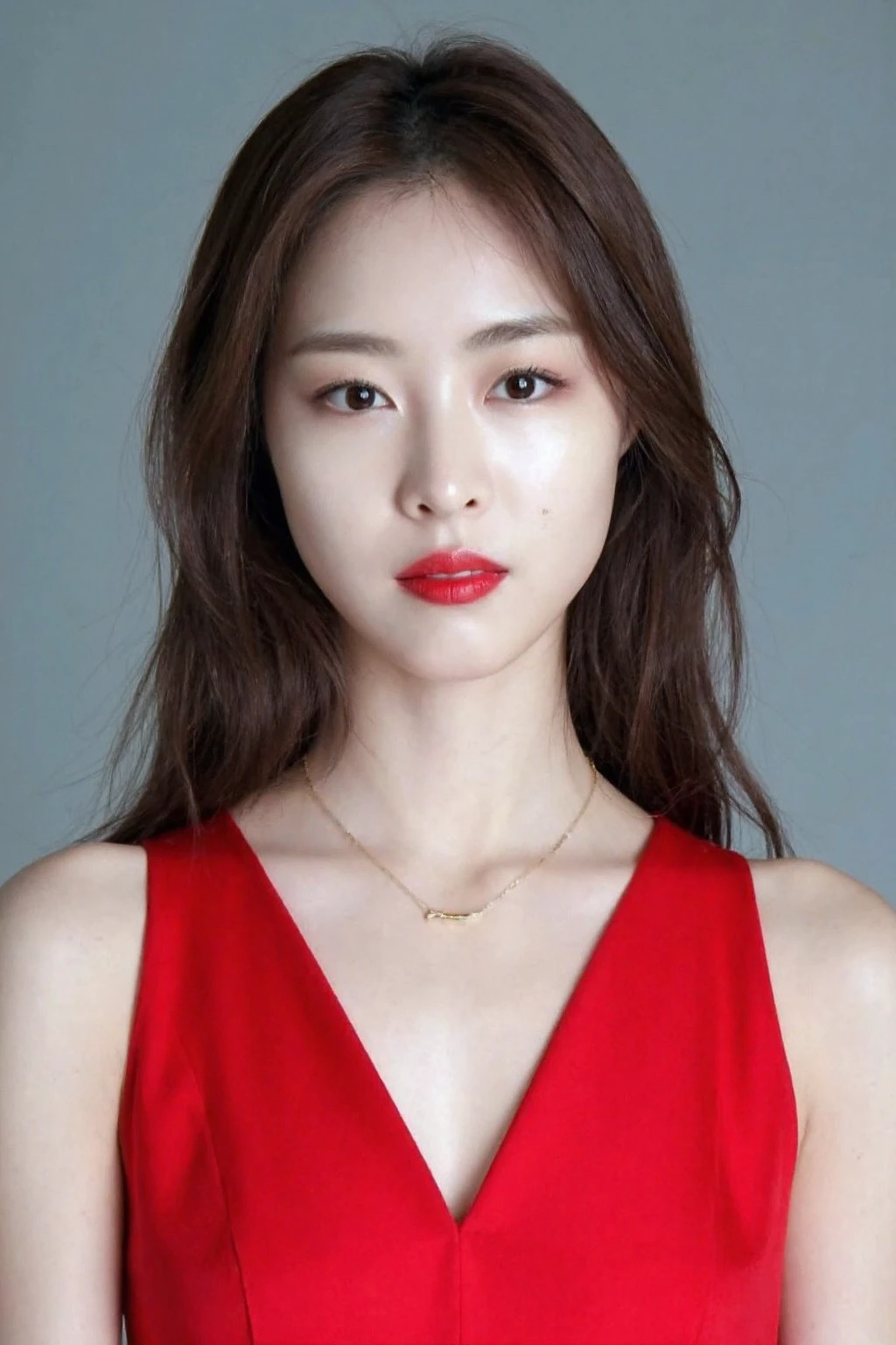 (medium full shot), beautiful korean girl with dark eyeshadow and eyeliner, red lips, long wavy hair , wearing silk sleeveless dress,  gray background, studio lighting, necklace, dslr, soft lighting, high quality, film grain,  light reflections, blood vessels,  , skin pores,blood vessels in sclera, detailed skin, beauty spots, skin fuzz, <lora:flux_realism_lora:1>,  <lora:makinaflux_leeyeonhee_v1.0:1>