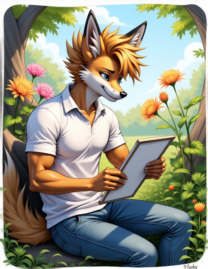 fluxorbit,  anthro fox, spiky wavy hair,  
A young man in a white shirt and jeans, carefully sketching a blooming flower in a botanical garden, 
<lora:fluxorbit_mini_v1:0.85>